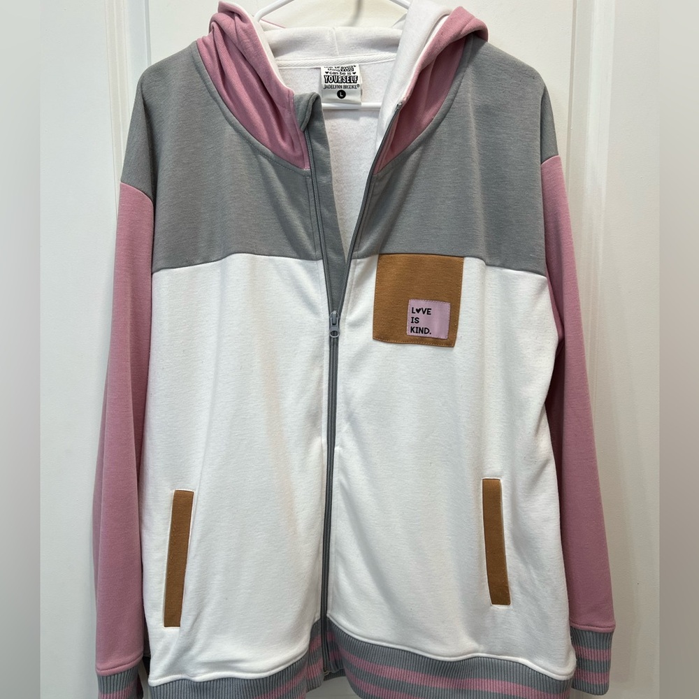 Jadelynn Brooke Love Is Kind Colorblock Zip Hoodie Jacket - Pink, Gray & White